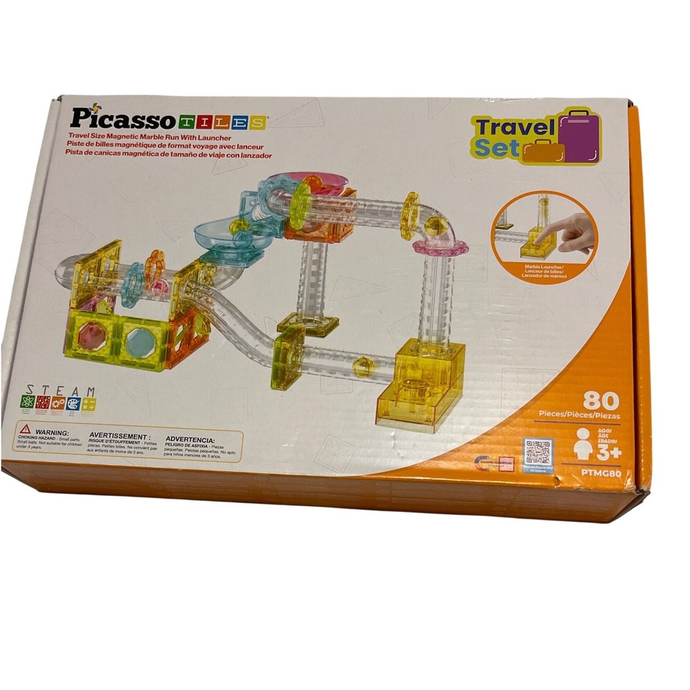 PicassoTiles 80 Piece Travel Size Magnetic‎ Marble Run With Launcher PTMG80